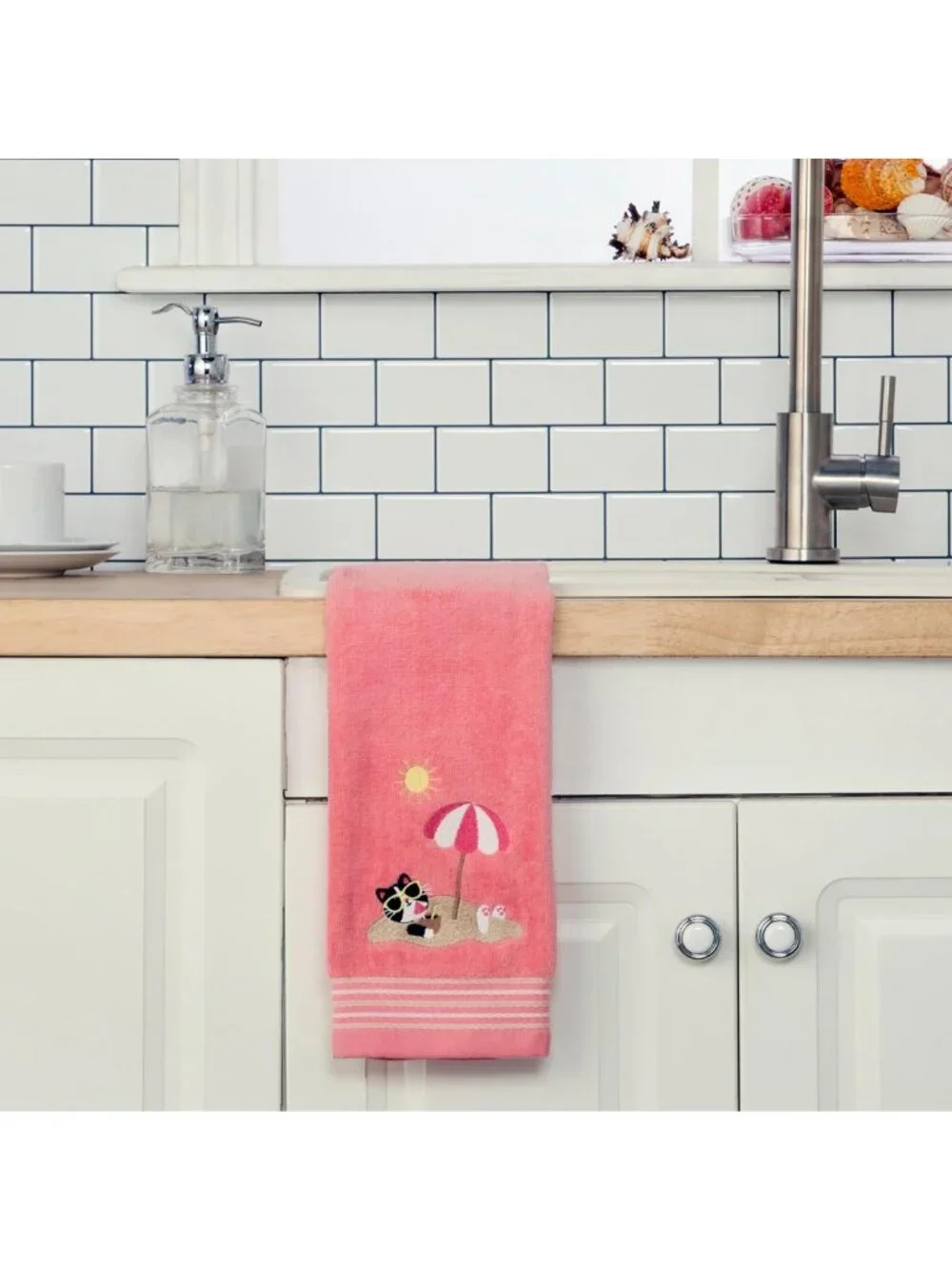 Coral Pink Cat Hand Towel Set - 2pc for Bath, Kitchen & Bar - Perfect Gift!